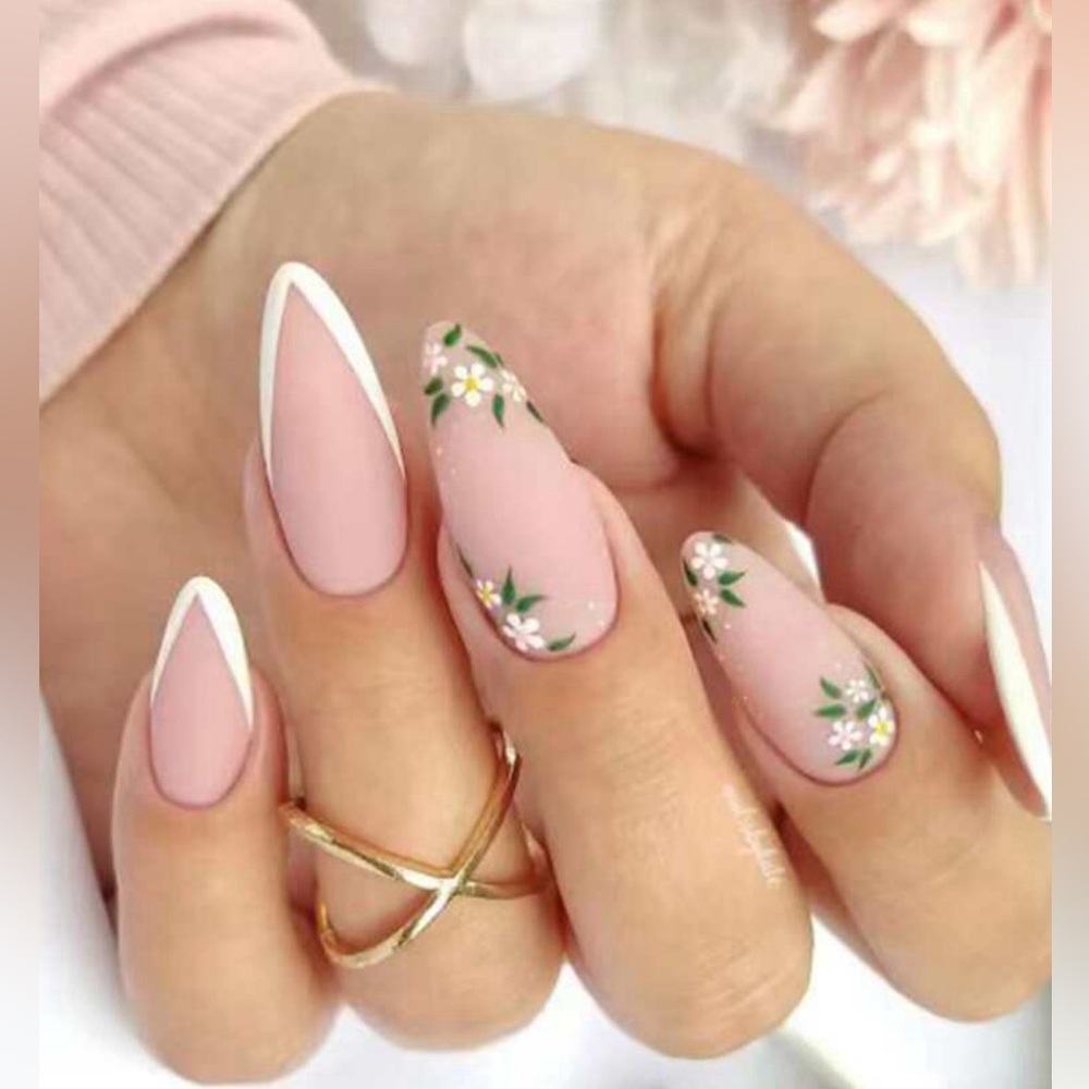 24pcs White French Flower Almond Shaped Frosted False Nails Glue File BNIB